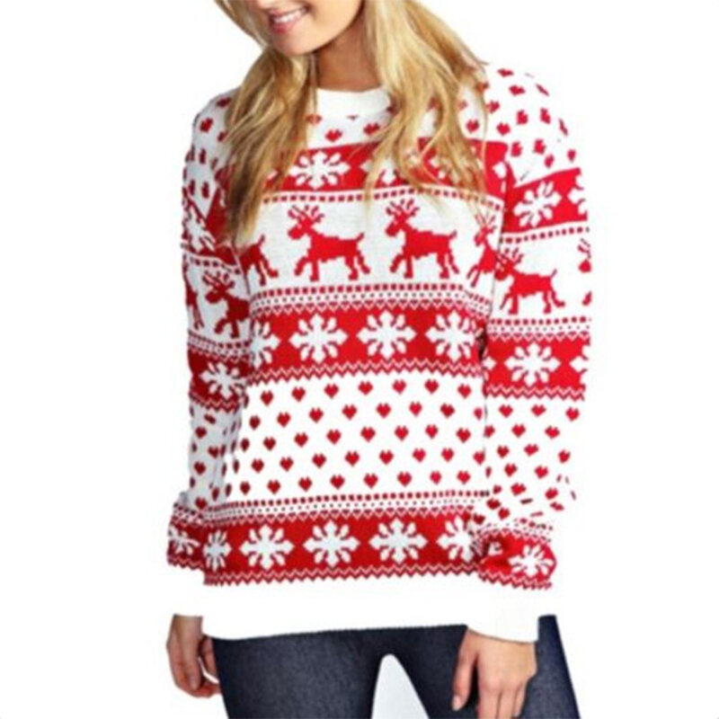 Women Christmas Printed Crew Neck Sweater Lady Casual Party Tops Jumper Pullover
