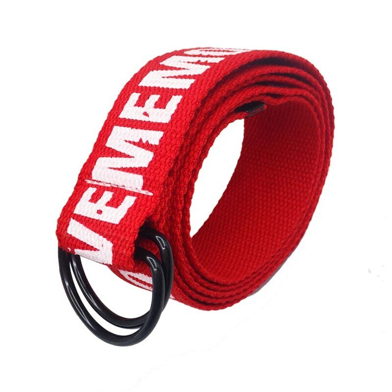 Women Harajuku Belt Red Letter Printed Fashion Unisex Double D Ring Canvas Strap Female Long Belts For Jeans