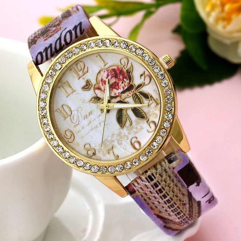 Relógio feminino rosé padrão flor, relógio de pulso de couro