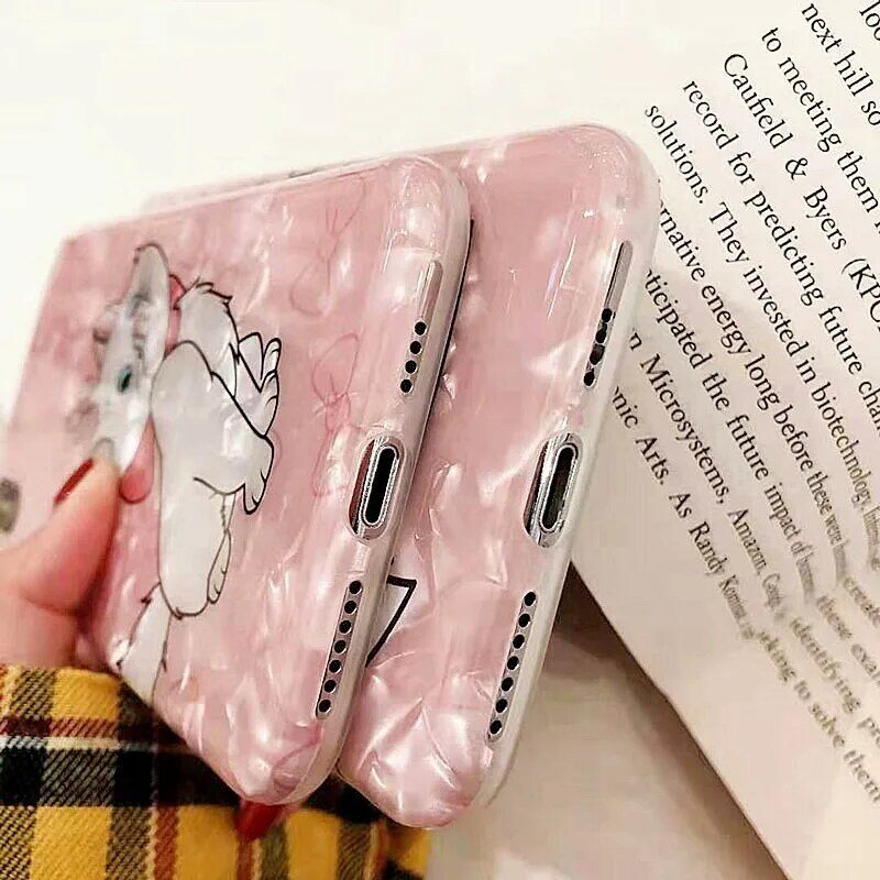 귀여운 핑크 고양이 마리 전화 케이스 아이폰 7 케이스 XS 맥스 XR X 6 8 플러스 러블리 재미 있은 만화 광택 대리석 조가비 껍질 소프트 커버