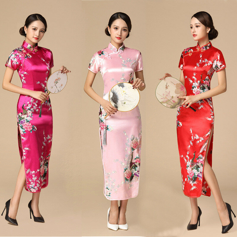 Традиционное китайское женское платье с цветочным принтом и павлином, винтажное длинное облегающее платье Ципао с воротником-стойкой, 3XL, 4XL, 5XL, 6XL