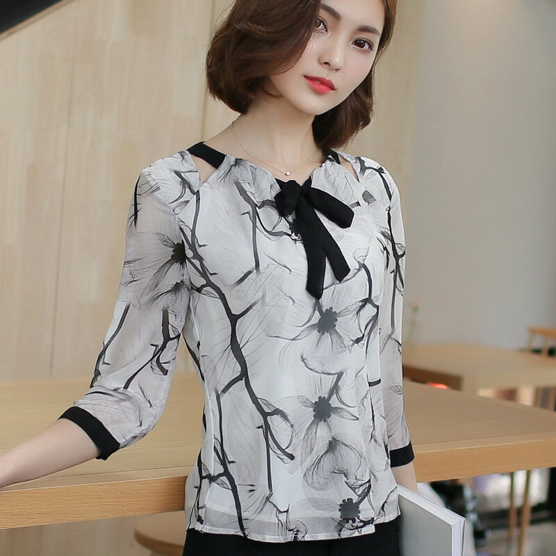 Camisa de Chifón con lazo para mujer con estampado de blusa de tres cuartos Tops de moda para mujer