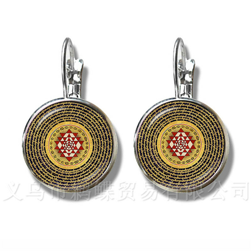 The Buddhism OM Symbol India Mandala Flower Earrings Zen Picture 16mm Glass Cabochon Silver Plated Stud Earrings For Women Gift