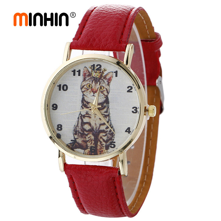 Minhin 패션 소녀 시계 학생 가죽 쿼츠 시계 고양이 패턴 팔찌 시계 여성을위한 도매 크리 에이 티브 시계
