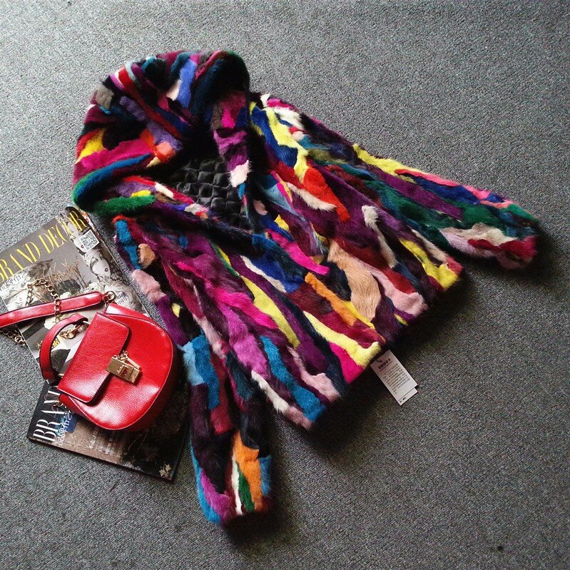 Vison genuíno, moda feminina, multicolorido, casaco colorido, com capuz, frete grátis