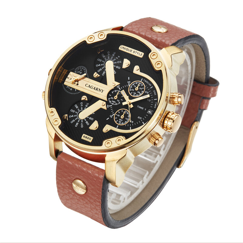 Cagarny Cool นาฬิกาข้อมือสำหรับผู้ชายสีดำสายหนัง Mens ควอตซ์นาฬิกา Dual Time โซนทหาร Relogios Masculino ชายแฟชั่นนาฬิกา