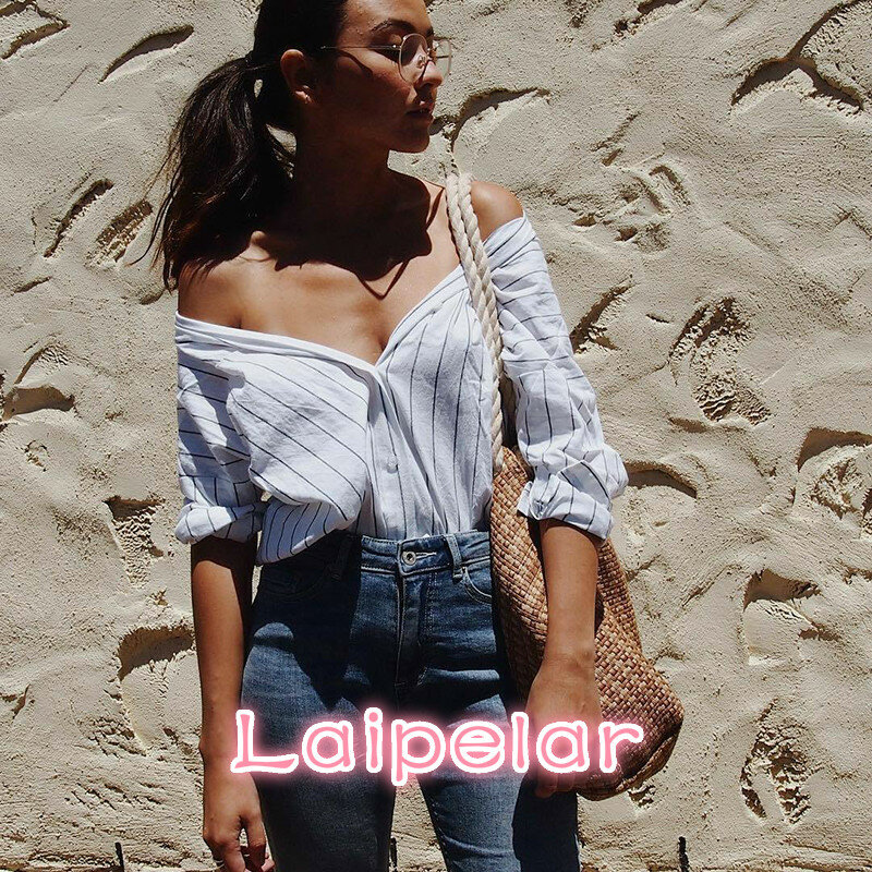 Laipelar-2019 여름 패션 여성 루즈핏 셔츠, 캐주얼 v넥 스트라이프 프린트 배트 슬리브 블라우스, 3/4 슬리브 탑스