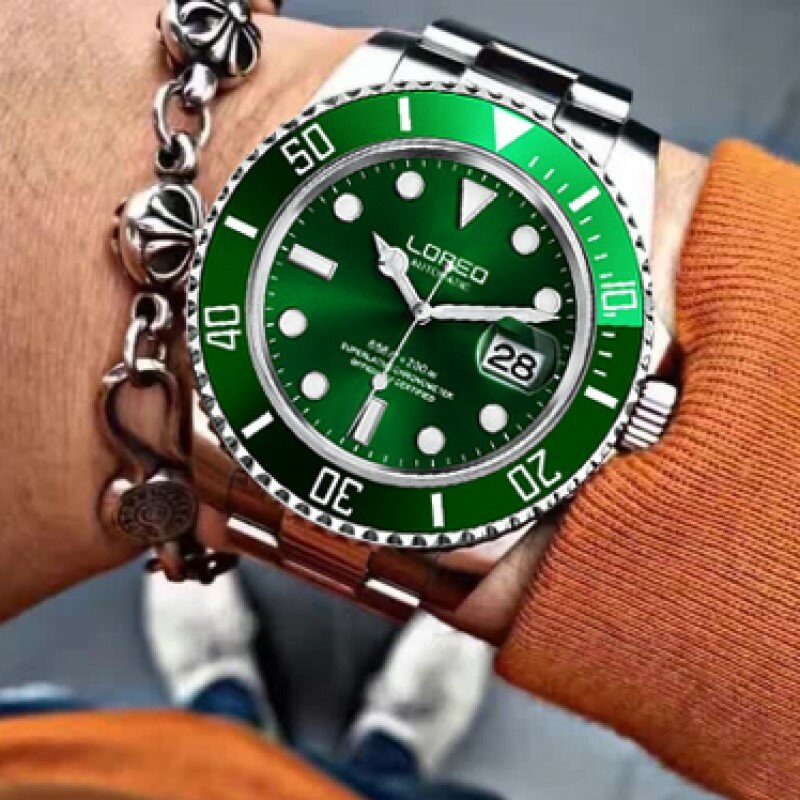 2019ใหม่20bar นาฬิกาดำน้ำอัตโนมัติแบรนด์หรู LOREO Sapphire Mechanical นาฬิกาผู้ชายปฏิทิน Luminous Ghost สีเขียว