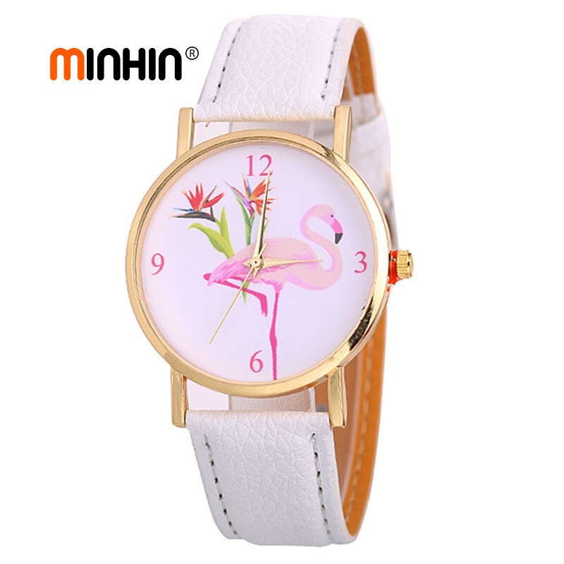 Minhin nova moda feminina relógios pulseiras de couro do plutônio pulseira flamingo padrão relógios de ouro relógio de quartzo femme reloj