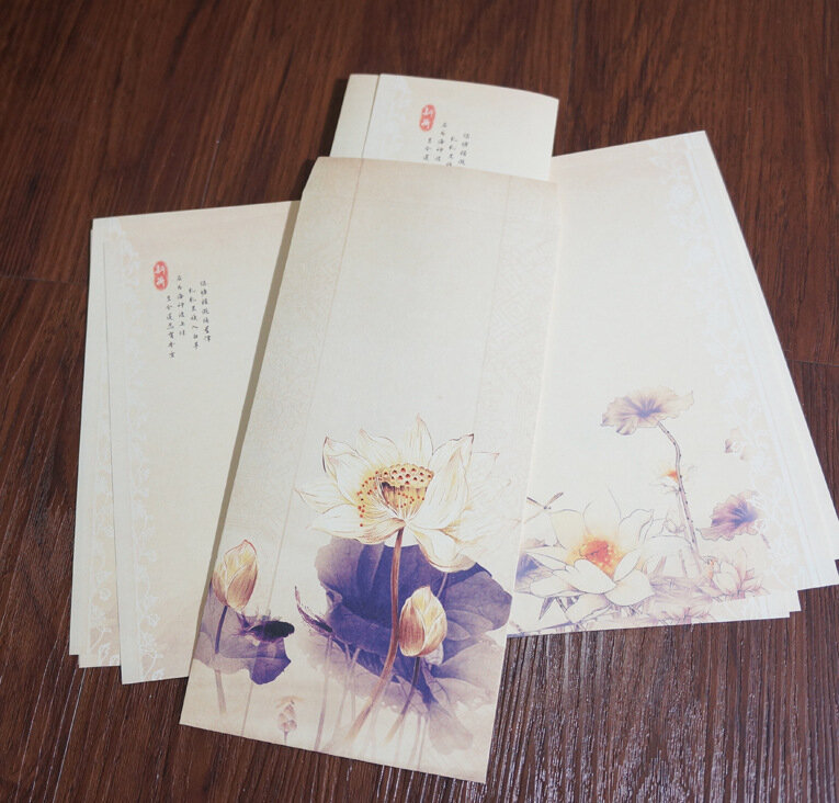 (16 pçs papel carta + 16 pçs papel envoleps conjunto) estilo chinês do vintage tinta antiga pintura flor de lótus