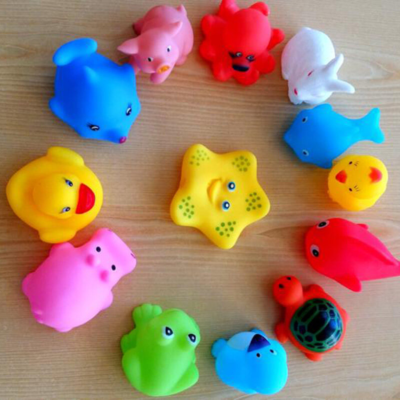 13 Pcs Mixed Animals Swimming Water Toys Colorful Soft Floating Rubber Duck Squeeze Sound Squeaky Bathing Toy For Baby Bath Toys