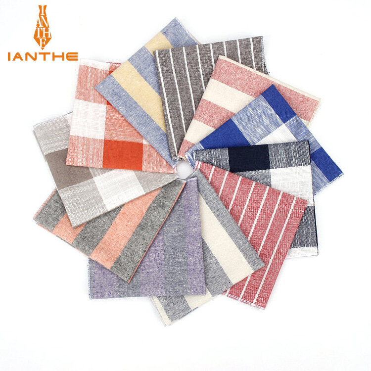 24*24 Brand New Men's Fashion Linen Striped Pocket Squares For Men Handkerchief Wedding Vintage Check Suits Pocket Hankies Towel