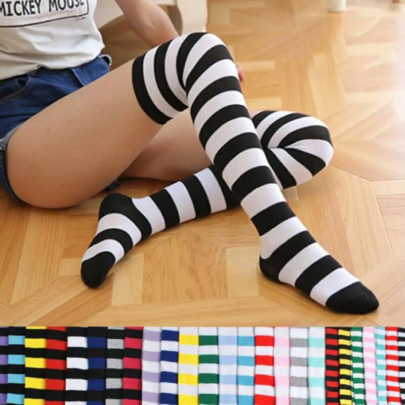 Calcetines largos por encima de la rodilla para mujer y niña, medias de algodón a rayas hasta el muslo, talla grande, 22 colores