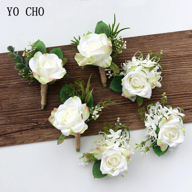 Yo cho białe jedwabne róże staniki Boutonnieres dekoracje ślubne małżeństwo róża nadgarstek szpilka do bukieciku Boutonniere kwiaty dla gości