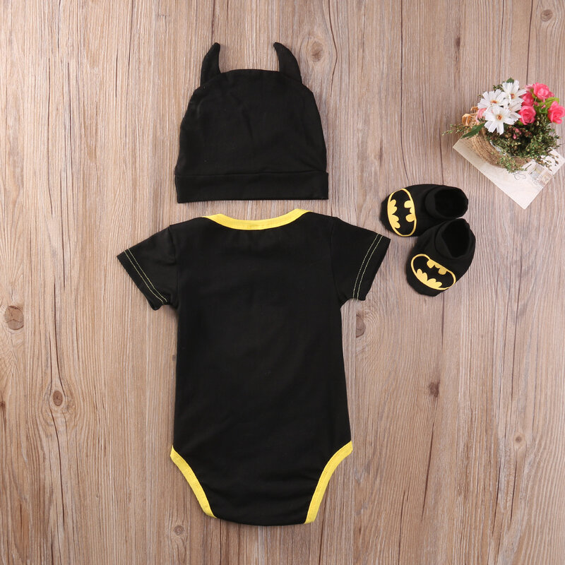 Emmababy bébé vêtements ensemble été mignon Batman nouveau-né bébé garçons barboteuses bébé + chaussures + chapeau 3 pièces tenue bébé garçons vêtements ensemble