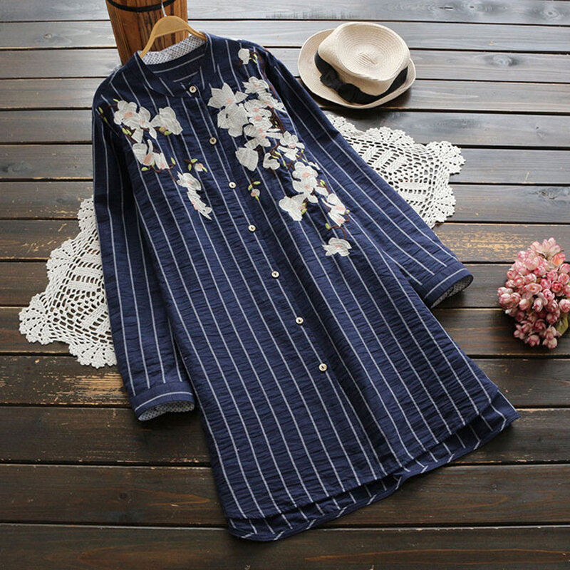 Ysmile y-blusa feminina, camisa longa bordada, floral, casual, com suporte, blusa de baixo listrado, moda diária, primavera, yk4137