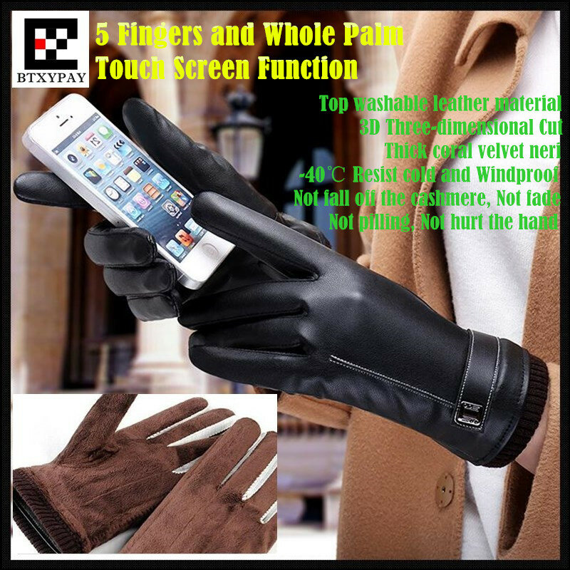 Luvas de couro ecológico para homens e mulheres, luva de couro lavável, com 5 dedos e touch screen, resistente ao frio e a caxemira, para o inverno, 200p