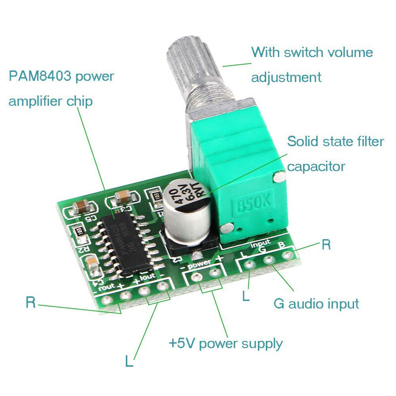 Miniamplificador de Audio Digital con potenciómetro, placa de módulo de amplificador de potencia de 3W + 3W DC 5V, estéreo PAM8403 de doble canal