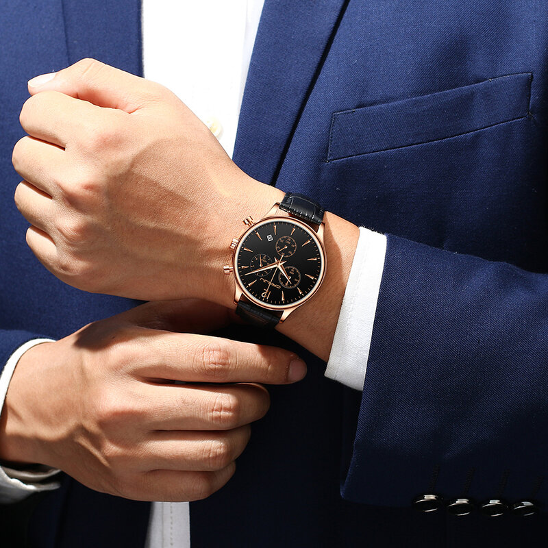 CRRJU – montre Quartz noire pour hommes, décontractée, avec ceinture en cuir, marque de luxe, étanche, nouvelle collection 2019