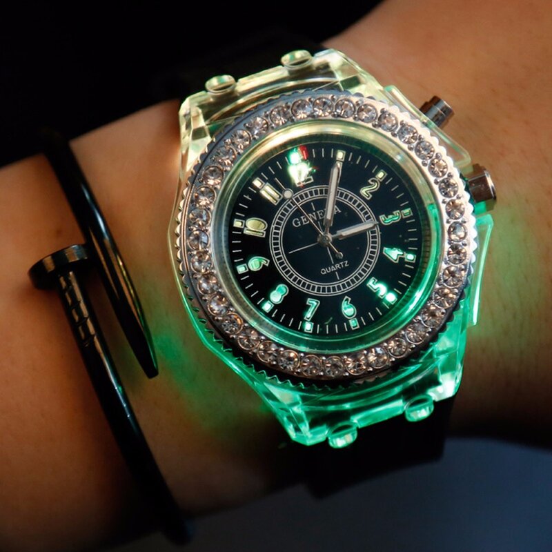 Лидер продаж женские мужские светодио дный Женева LED подсветка Спорт водостойкие кварцевые наручные часы