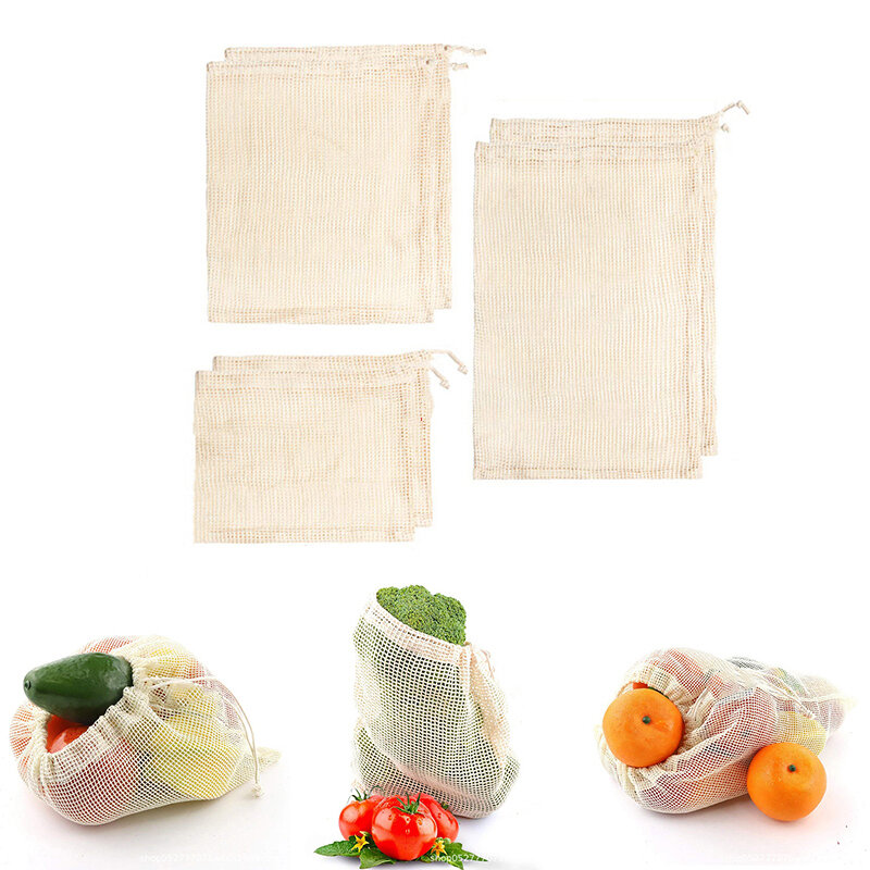 1PC Reusable Bags Shopping Bag Reusable Vegetables Cotton Mesh Bag Produce Bags ECO Kitchen Fruit Vegetables Bags Drawstring