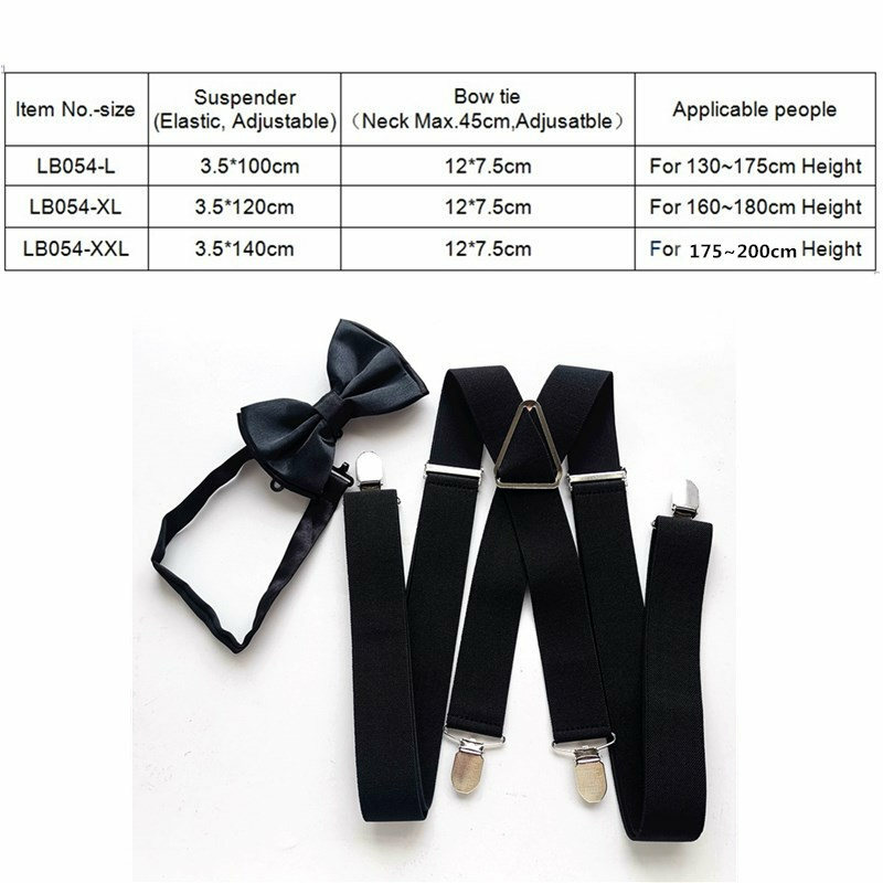 Liguero negro para adultos, 100 cm, 120 cm, 140 cm, pajarita de mariposa, Tirantes ajustables, conjunto de corbata de cuello para boda LB054