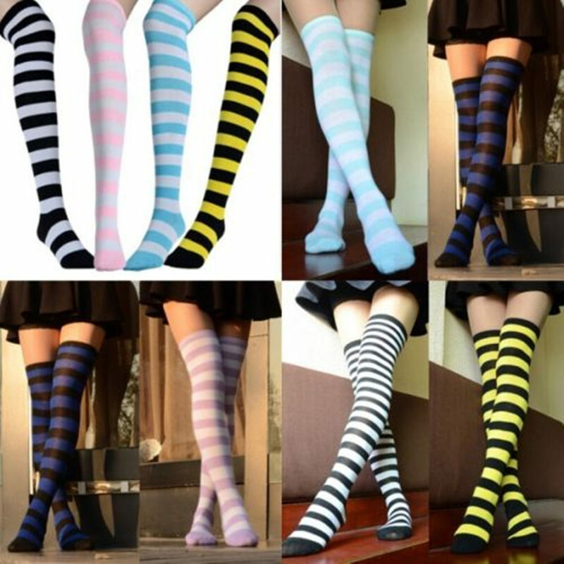 Women Girls Over Knee Long Stripe Printed Thigh High Striped Cotton Socks 22 Colors Sweet Cute Plus Size Overknee Socks