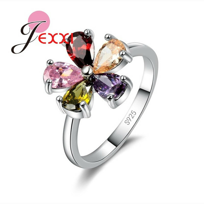 Bentuk Bunga Yang Indah Berwarna-warni Crystal 925 Sterling Silver Wanita Pernikahan Cincin Pertunangan Fashion Perhiasan Pesta