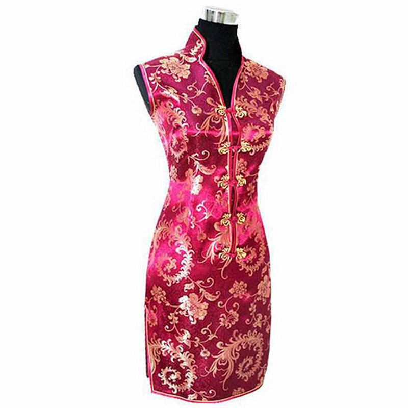 Vestido de verão tradicional chinês para mulheres, sedoso cetim cheongsam, sexy, decote em v, design floral, tamanho s m l xl xxxl xxxl wc013