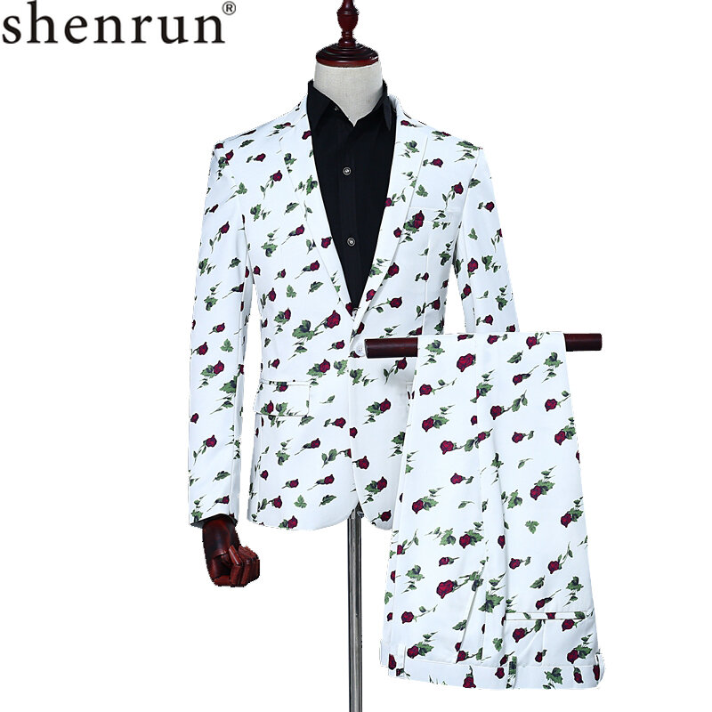 Shenrun Men 2-Piece Suit Spring Autumn Slim Fit Fashion Casual Rose Floral Print Wedding Suits Party Prom Stage Show Costumes
