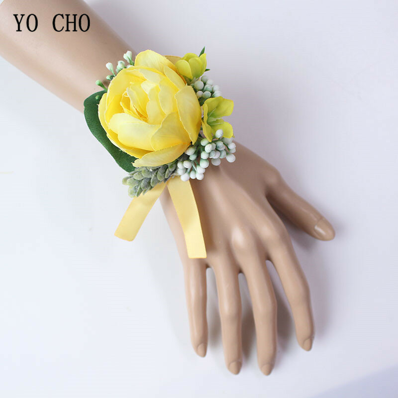 YO CHO Seide Rose Braut Boutonnieres und Handgelenk Korsagen Gelb Blumen Sonnenblumen Armband Boutonnieres Ehe Hochzeit Liefert