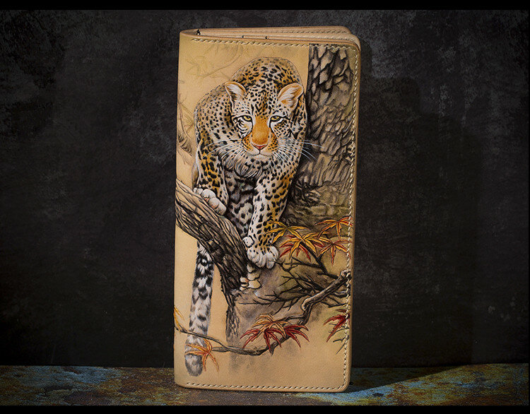 High-end carteiras artesanais escultura leopardo bolsas masculino longo embreagem vegetal curtido couro carteira titular do cartão
