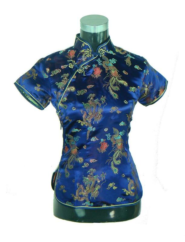 여성용 반팔 셔츠, 빨간색 상의, 중국 여성 전통 새틴 실크 블라우스, 참신한 드래곤 의류, S M L XL XXL WS005, 여름