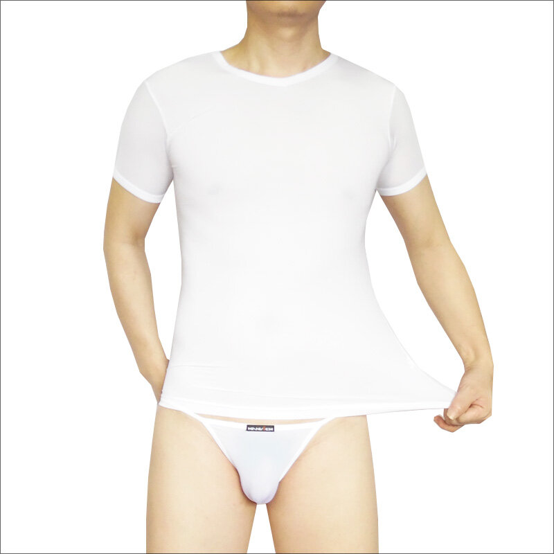 Ropa interior ultrafina transparente para hombre, conjunto de camisetas y bragas con cuello en V pequeño, pijamas finos de seda de hielo
