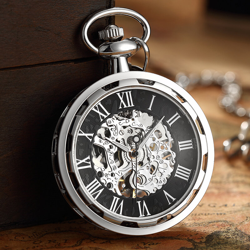 빈티지 시계 목걸이 스팀펑크 스켈레톤 기계식 고리 체인 포켓 시계 로마 숫자 시계 펜던트 핸드 와인딩 남성 여성