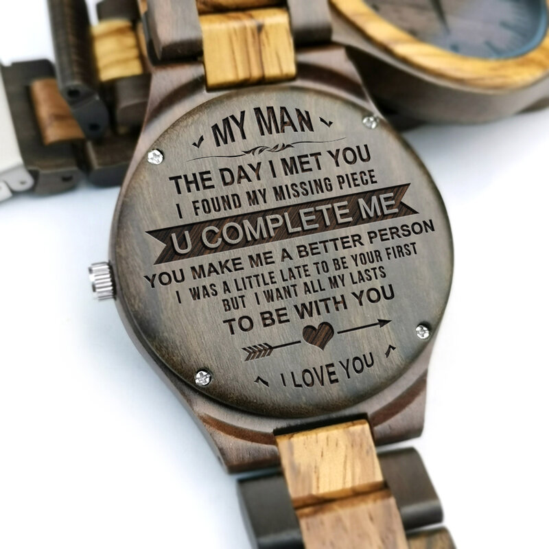 ENGRAVED WOOD WOODEN WATCH TO MY MAN MY HUSBAND YOU COMPLETE ME