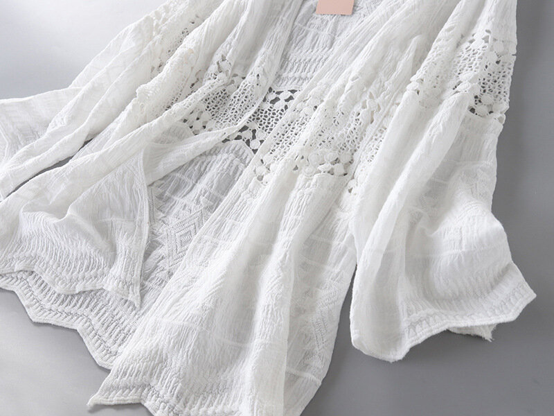 Middle Hollow Cotton Embroidery Lace Cardigan Coat Spring Seaside Holiday Sun Protection Women White Long Sleeve Tops