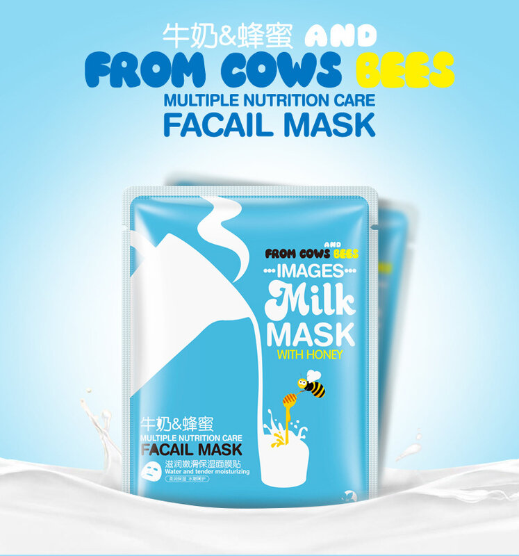 Images 1 pièces lait et miel hydratant hydratant doux réparation peau du visage feuille de contrôle de l'huile masque pour visage éclaircissant nourrissant