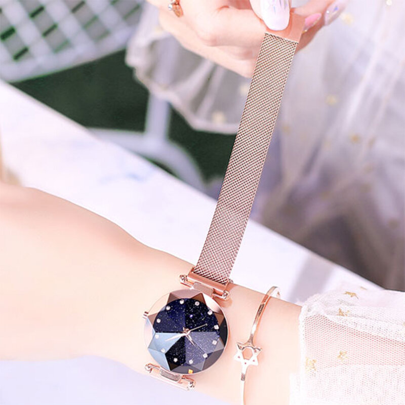 Maille d'acier inoxydable d'aimant de montre de dames de luxe avec la mode étoilée