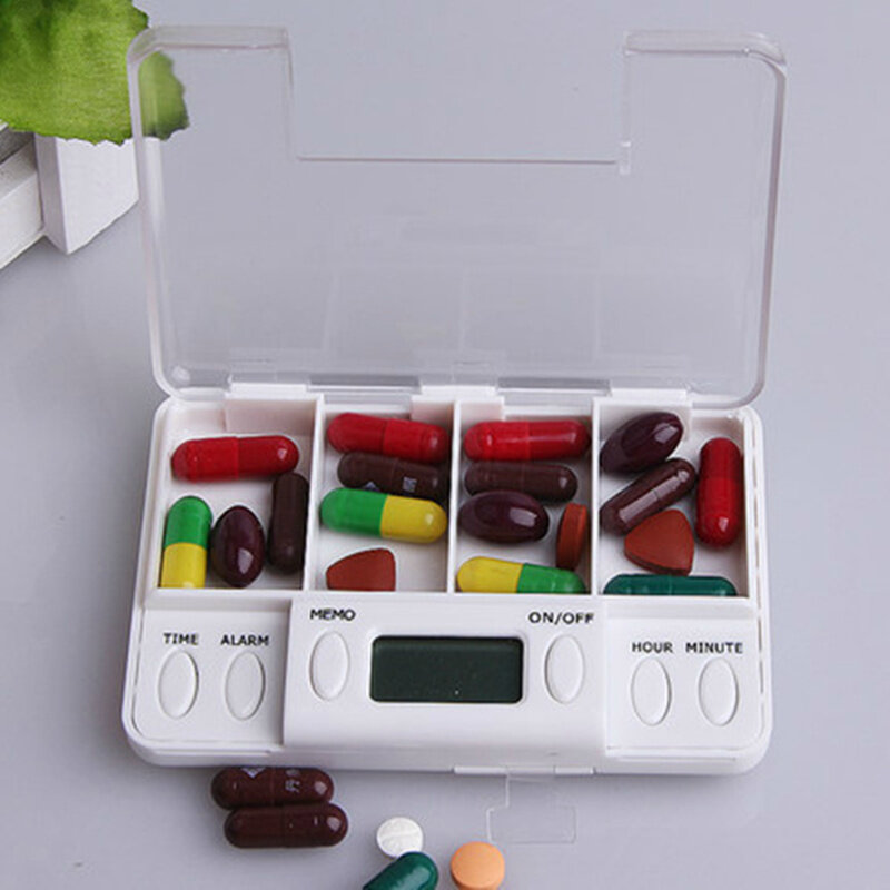Pilulier à 4 compartiments pour médicaments, boîte de rangement électronique avec minuterie et alarme