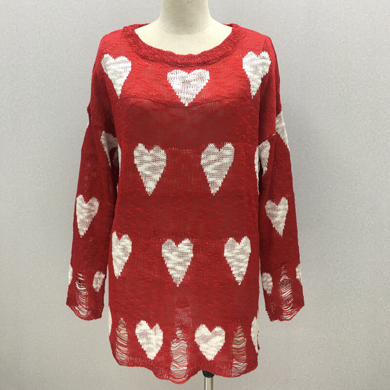 Ins Hot Red Heart Sweaters Women Summer Knitted Thin Pullovers Casual Spring Autumn Oversized Jumper Tops Pull Femme Knitwear