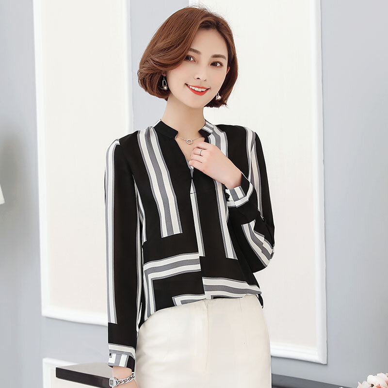 Chiffon Women Blouse Long Sleeve V-collar Slim Spring Autumn New Korean Plaid Shirt Office Ladies Bottom Work Top Clothes H9032
