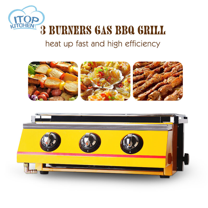 3 Burners LPG Gas BBQ Grill Stainless Steel 2800Pa Smokeless Barbecue Grill Environmental Easy Clean Portable Stove Commercial