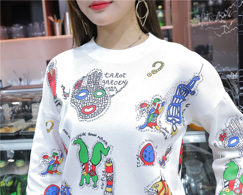 Fashion cartoon pattern embroidery warm knit woolen suits female embroidery sweater + knit pencil pant two pieces sets wq2398
