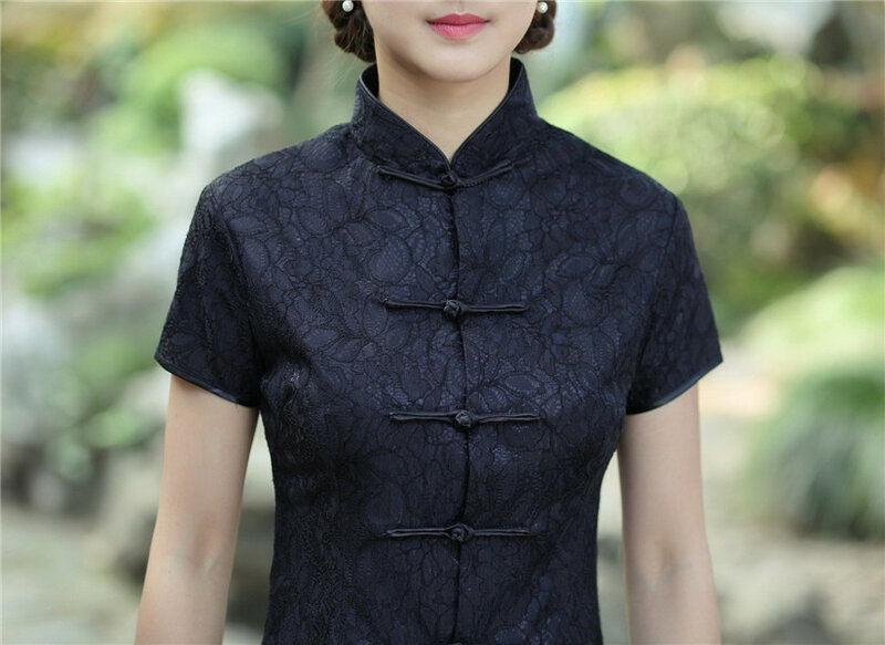Sexy Schwarz Spitze frauen Sommer Kurzarm Bluse Chinesischen Vintage Taste Hemd Mandarin Kragen Kleidung M L XL XXL XXXL 2520-1