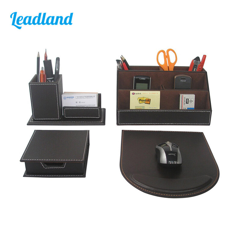Luxury 4 Pcs Desk Organizer Set PU Leather Office Decor Stationery Pencil Holder Sticker Memo Box Pen Stand Mouse Pad T41H