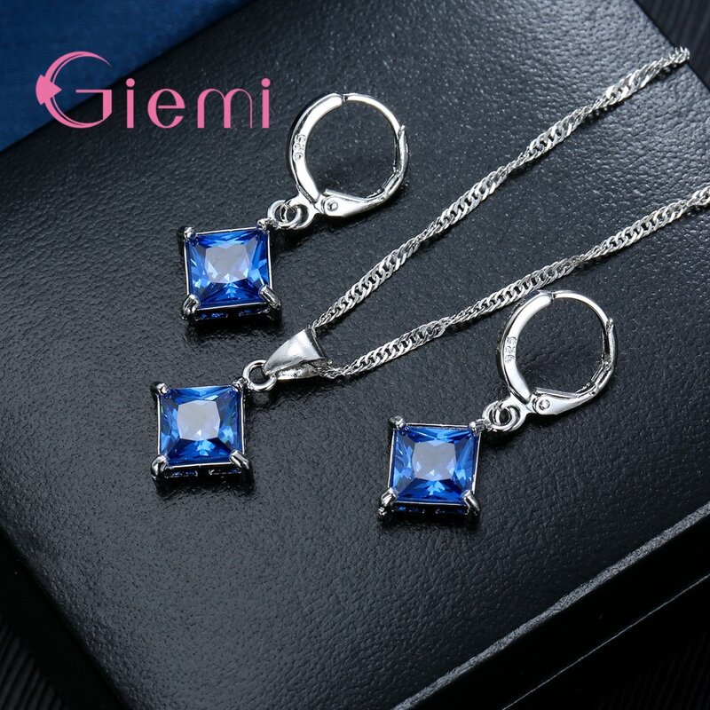 Novo estilo 925 conjuntos de joias de cristal de prata esterlina quadrado zircônia cúbica brincos de argola colar para mulheres joias de festa