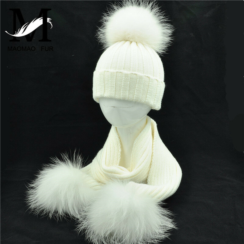 Jxwatcher-Ensemble bonnet et écharpe pour mère et enfant, pompon en vraie fourrure de raton laveur, bonnets et écharpes, haute qualité, tout à la mode, hiver, nouveau
