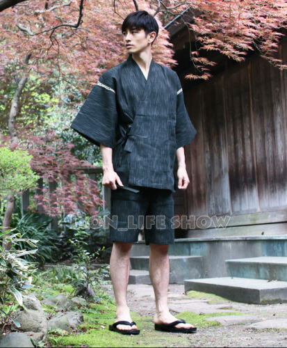 ผู้ชายฤดูร้อน Jinbei ญี่ปุ่นกิโมโนแขนสั้น2ชิ้นชุดชุดนอนชุดนอน Loungewear