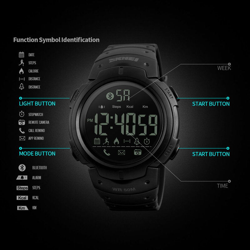SKMEI homens Relógio TopBrand Moda Esporte Relógio Inteligente Pedômetro Smartwatch Remote Camera Bluetooth Calorias Lembrete Relógio Digital